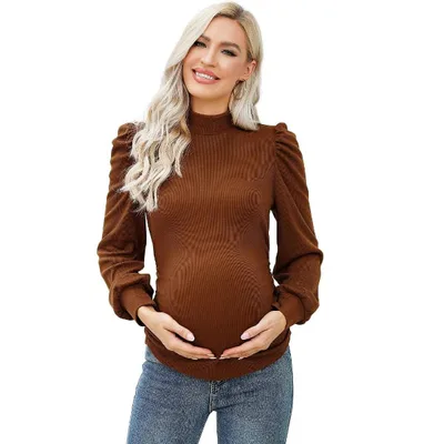Target Coolmee Women's Maternity Shirt Long Puff Sleeve Top Mock Neck Ribbed Knit Ruched Side Blouse Brown 2XL