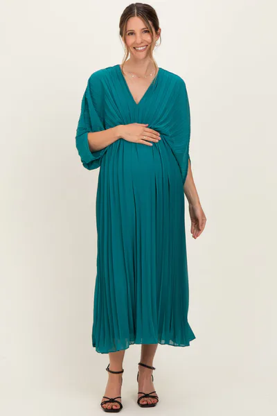 PinkBlush Teal Pleated V Neck Maternity Maxi Dress