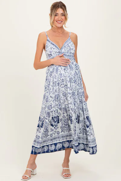 PinkBlush Ivory Floral Twisted Front Maternity Maxi Dress