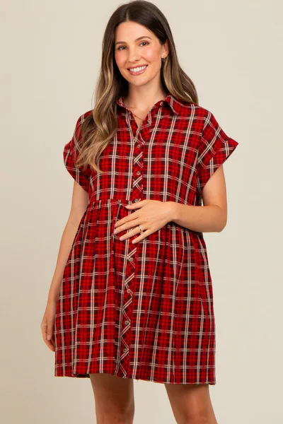 PinkBlush Red Plaid Rolled Cuff Sleeve Button Down Maternity Dress