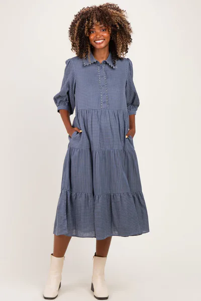 PinkBlush Blue Gingham Button Up Tiered Maternity Midi Dress