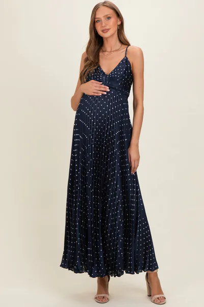 PinkBlush Navy Polka Dot Pleated Cutout Maternity Maxi Dress