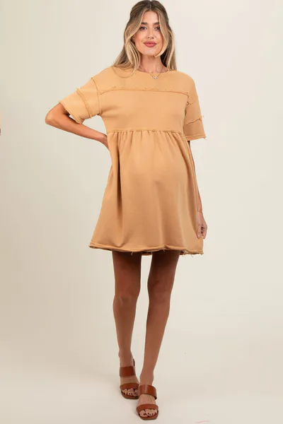 PinkBlush Camel Raw Hem Maternity Short Sleeve Dress