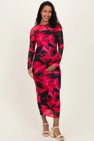 PinkBlush Red Abstract Print Mesh Overlay Maternity Maxi Dress