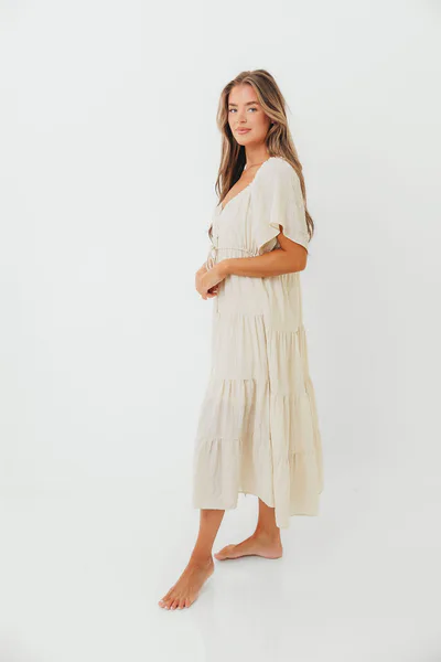Worth Collective Rumi Woven Sweetheart Maxi Dress in Natural - Bump Friendly - Detachable Liner