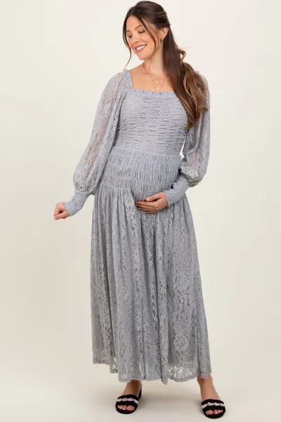 PinkBlush Heather Grey Lace Smocked Bubble Sleeve Maternity Maxi Dress