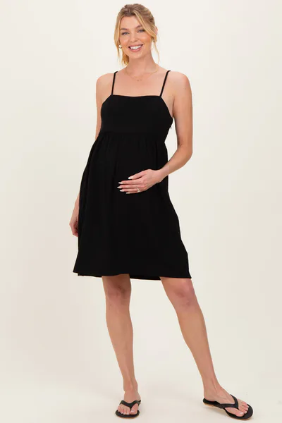 PinkBlush Black Linen Blend Bead Detail Maternity Mini Dress