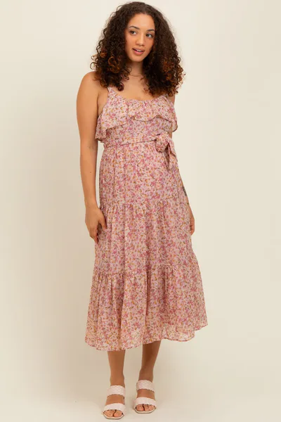 PinkBlush Pink Floral Ruffle Smocked Back Tiered Maternity Midi Dress