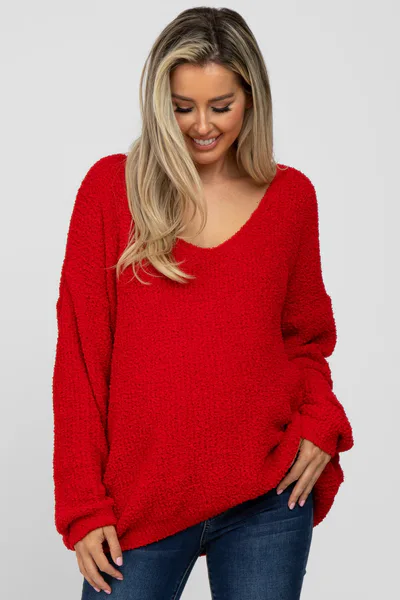 PinkBlush Red V-Neck Soft Maternity Sweater