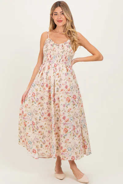PinkBlush Cream Floral Smocked Ruffle Detail Maternity Midi Dress