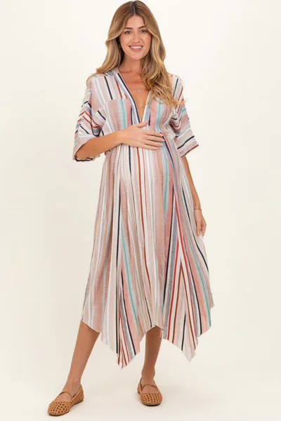 PinkBlush White Multi Printed Deep V-Neck Maternity Maxi Dress