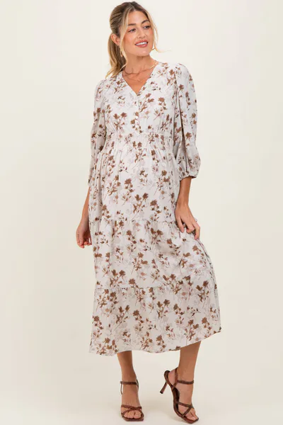 PinkBlush Cream Floral Button Front V-Neck Maternity Midi Dress