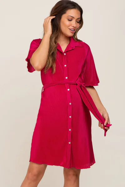 PinkBlush Magenta Pleated Button Front Tied Waist Maternity Dress