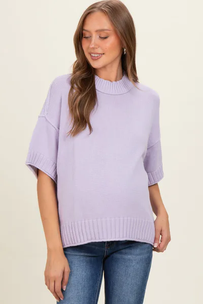 PinkBlush Lavender Oversized Mock Neck Short Sleeve Maternity Sweater