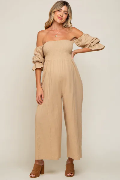 PinkBlush Beige Linen Smocked Off Shoulder Wide Leg Maternity Jumpsuit
