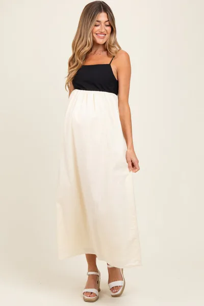 PinkBlush Cream Contrast Skirt Maternity Maxi Dress