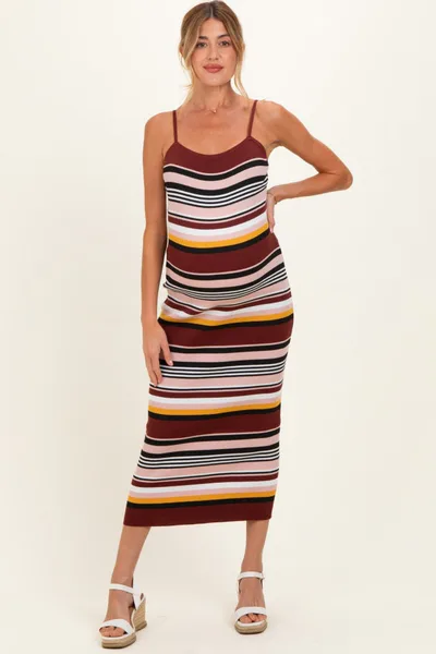 PinkBlush Burgundy Multi Stripe Knit Maternity Midi Dress
