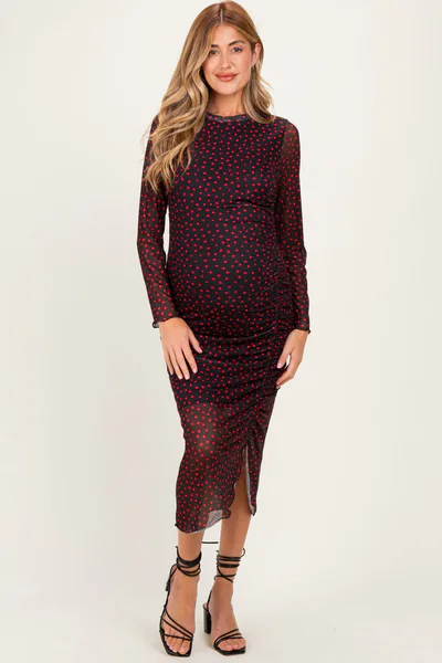 PinkBlush Black Red Print Mesh Maternity Dress