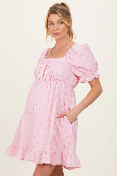 PinkBlush Pink Textured Puff Sleeve Maternity Dress