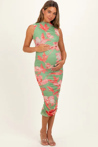 PinkBlush Sage Floral Ruched High Neck Maternity Midi Dress
