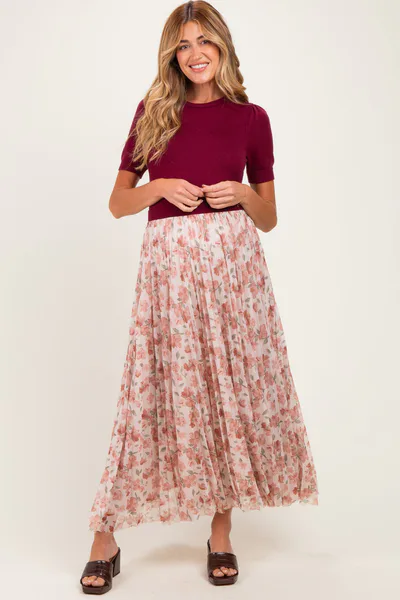 PinkBlush Burgundy Knit Top Pleated Floral Skirt Maternity Maxi Dress
