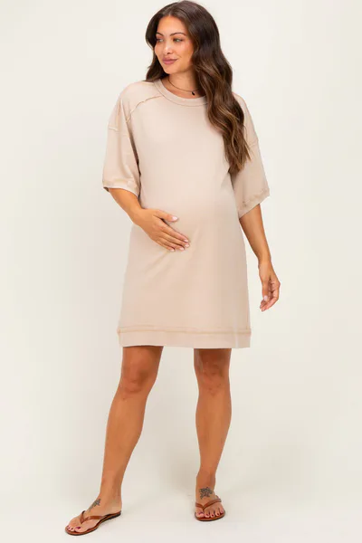PinkBlush Beige Mineral Wash French Terry Knit Maternity T-Shirt Dress