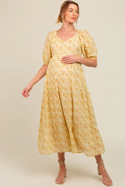 PinkBlush Yellow Floral V-Neck Tiered Maternity Midi Dress