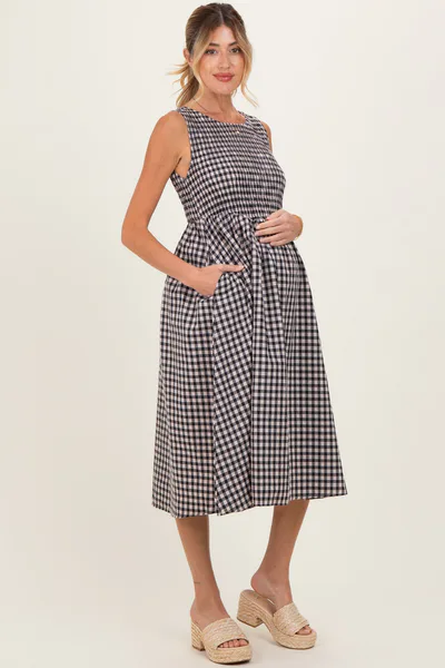 PinkBlush Black Gingham Smocked Sleeveless Maternity Midi Dress