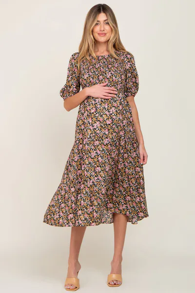 PinkBlush Multi-Color Floral Smocked Tiered Maternity Midi Dress