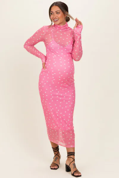 PinkBlush Pink Polka Dot Mesh Overlay Maternity Midi Dress