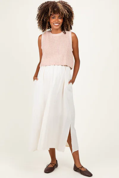 PinkBlush Peach Sleeveless Sweater Top Colorblock Maternity Midi Dress