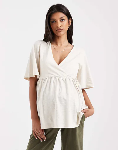 ASOS Mamalicious Maternity short sleeve wrap detail jersey nursing top in cream