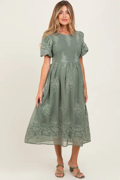 PinkBlush Light Olive Floral Lace Smocked Maternity Midi Dress