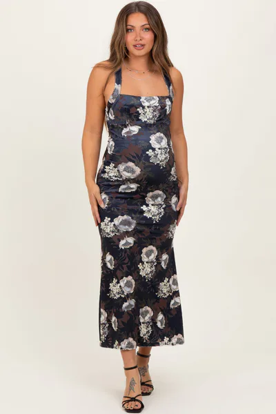 PinkBlush Black Lace Up Back Maternity Midi Dress