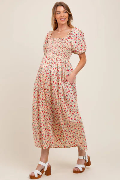 PinkBlush Cream Cotton Poplin Floral Smocked Maternity Midi Dress
