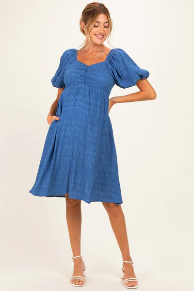 PinkBlush Blue Textured Bubble Sleeve Maternity Dress