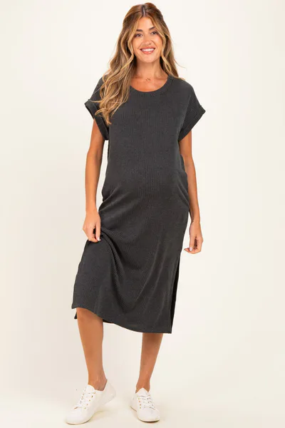 PinkBlush Charcoal Short Sleeve Ribbed Maternity Maxi Dress