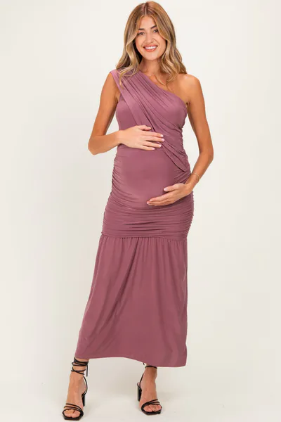 PinkBlush Mauve One Shoulder Ruched Maternity Maxi Dress
