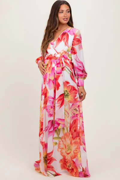 PinkBlush Red Floral Chiffon Long Sleeve Maternity Maxi Dress