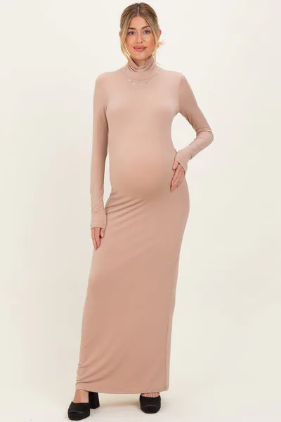 PinkBlush Beige Turtleneck Long Sleeve Maternity Maxi Dress