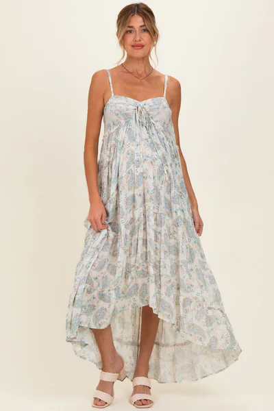 PinkBlush Cream Hi-Lo Spaghetti Strap Paisley Ruffle Maternity Maxi Dress