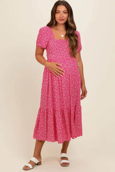 PinkBlush Coral Floral Smocked Ruffle Hem Maternity Midi Dress