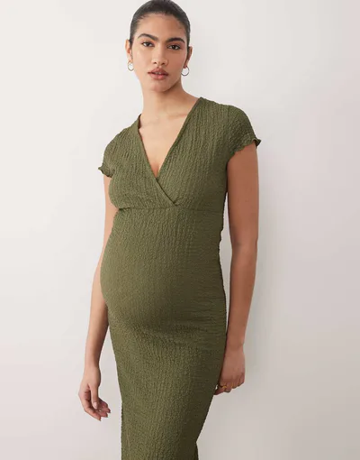 ASOS Mamalicious Maternity textured cap sleeve V-neck 2-function nursing midi dress in dark khaki