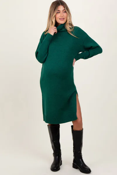 PinkBlush Forest Green Turtleneck Side Slit Maternity Midi Sweater Dress
