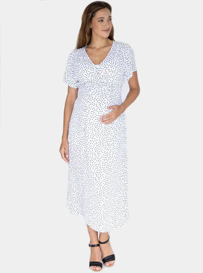 Angel Maternity Maternity and Nursing Wrap Dress with Polka Dots in Midi Length