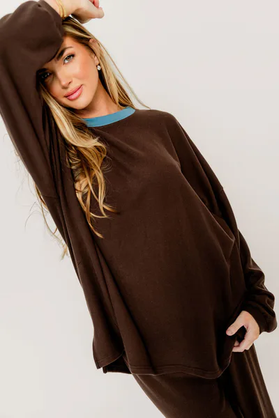 Worth Collective Naomi Fleece Oversized Long Sleeve Top in Brown - Bump Friendly