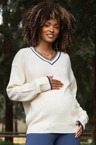 PinkBlush Cream Contrast Detail V-Neck Maternity Sweater
