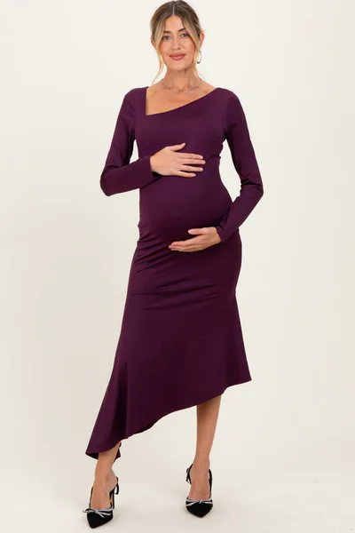 PinkBlush Plum Asymmetric Hem Maternity Midi Dress