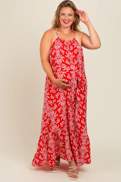 PinkBlush Red Floral Self Tie Sleeveless Maternity Dress