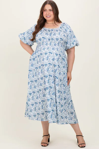 PinkBlush Blue Multi Printed Floral Bubble Sleeve Maternity Plus Maxi Dress